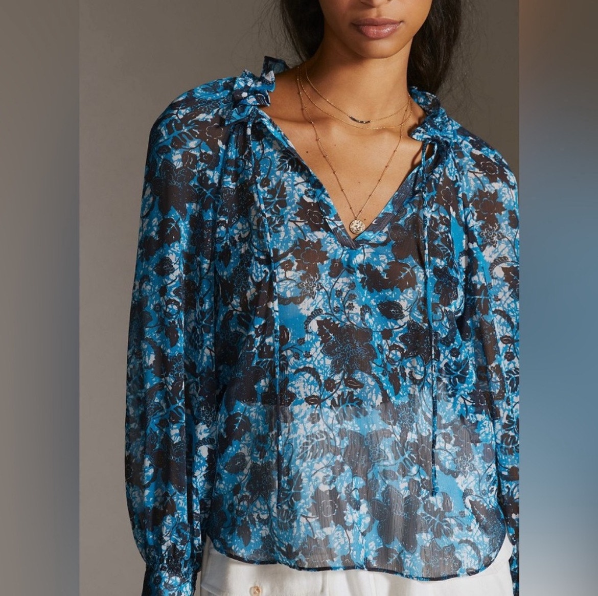 Anthropologie Blue Black Floral Lace Print Sheer Blouson Sleeve Blouse